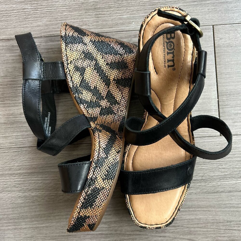 Born Sudo Wedge Sandals Black & Tan Leather Strappy Platform Boho Size W8